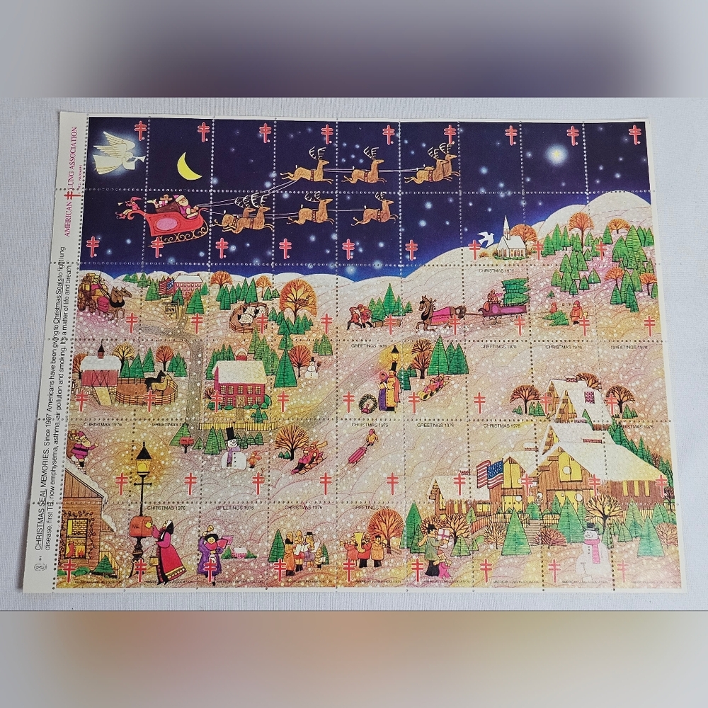 Vtg American Lung Association Seals Christmas Greetings 1976 Sheet of 54 Stamps
